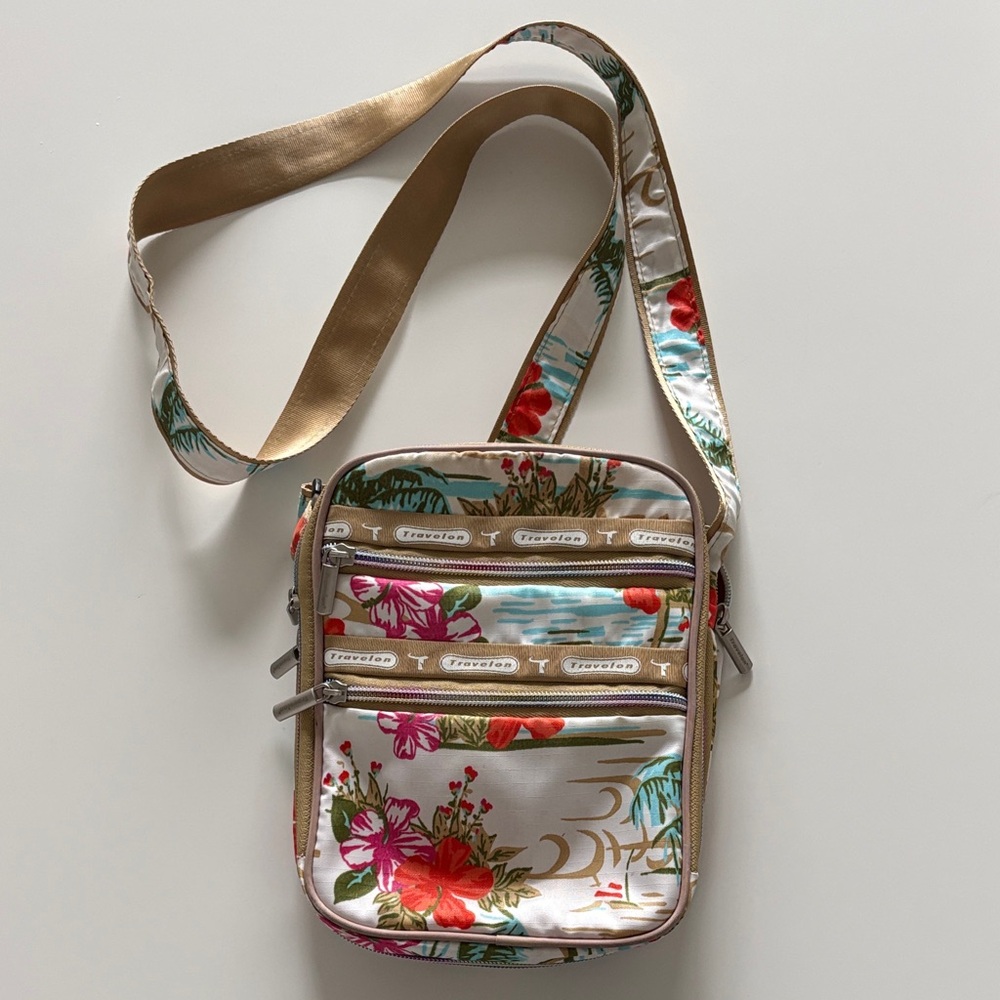Travelon Floral Crossbody Bag in White, Pink, Red, Green, Tan
